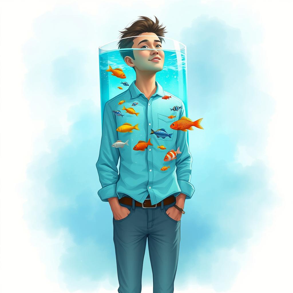 A 2D illustration of a man with an aquarium for a head, showcasing his body up to the waist