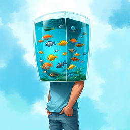 A 2D illustration of a man with an aquarium for a head, showcasing his body up to the waist