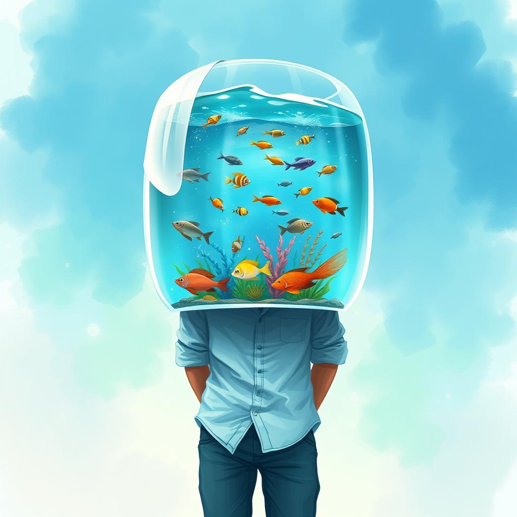 A 2D illustration of a man with an aquarium for a head, showcasing his body up to the waist