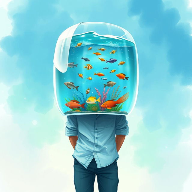 A 2D illustration of a man with an aquarium for a head, showcasing his body up to the waist