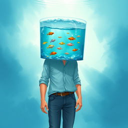 A 2D illustration of a man with an aquarium for a head, showcasing his body up to the waist