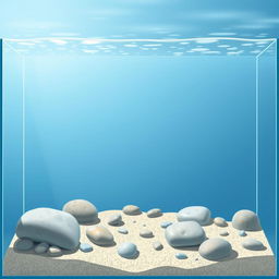 A full view illustration of a 2D aquarium without fish, showcasing clear water that reflects light beautifully