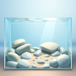 A full view illustration of a 2D aquarium without fish, showcasing clear water that reflects light beautifully