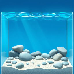 A full view illustration of a 2D aquarium without fish, showcasing clear water that reflects light beautifully