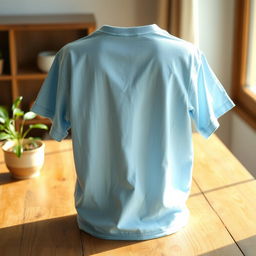 An image of a light blue back t-shirt that appears a little old, showing subtle signs of wear like faded fabric and slight fraying at the edges