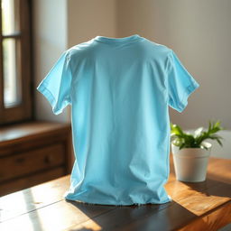 An image of a light blue back t-shirt that appears a little old, showing subtle signs of wear like faded fabric and slight fraying at the edges