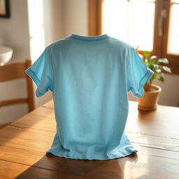 An image of a light blue back t-shirt that appears a little old, showing subtle signs of wear like faded fabric and slight fraying at the edges