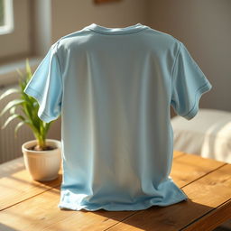 An image of a light blue back t-shirt that appears a little old, showing subtle signs of wear like faded fabric and slight fraying at the edges