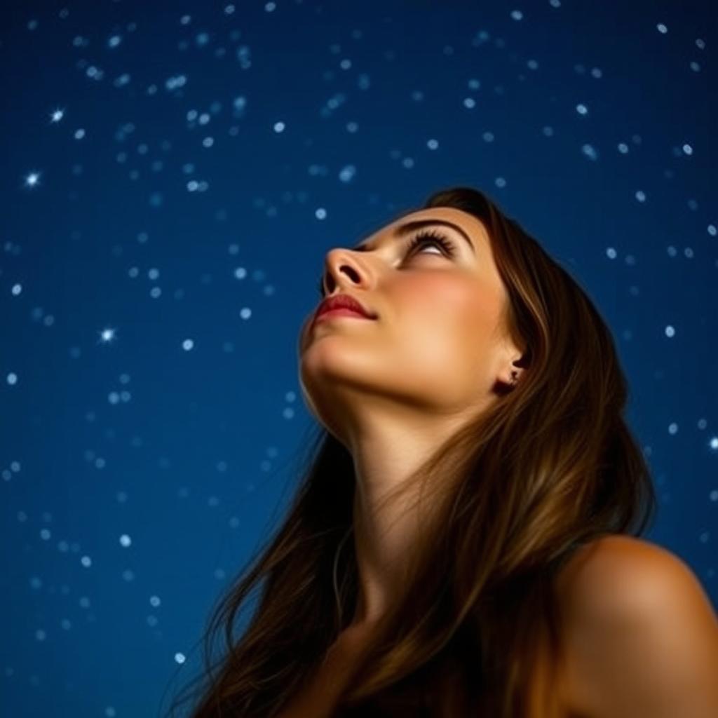 A beautiful woman gazing up at a deep blue sky filled with shimmering stars