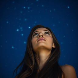 A beautiful woman gazing up at a deep blue sky filled with shimmering stars