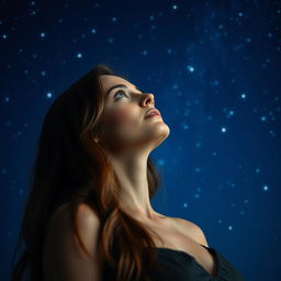 A beautiful woman gazing up at a deep blue sky filled with shimmering stars