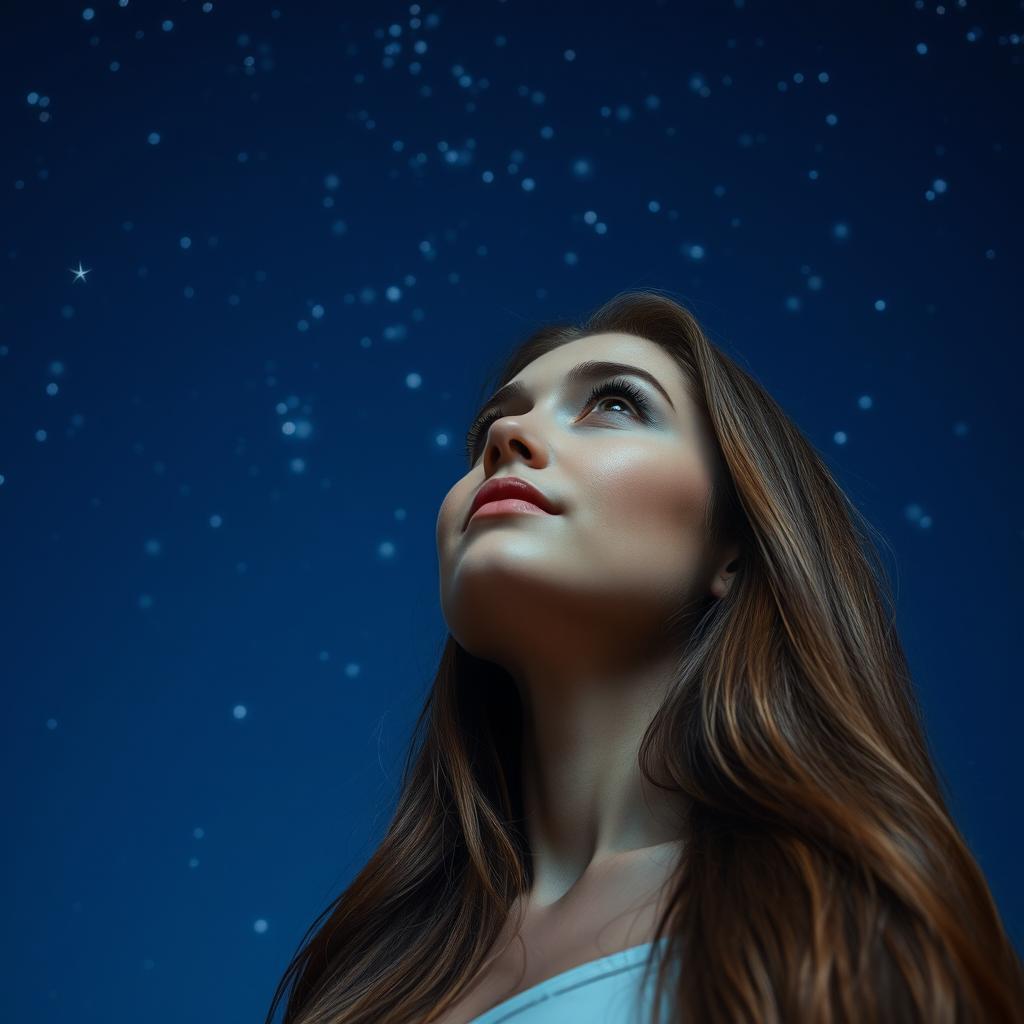 A beautiful woman gazing up at a deep blue sky filled with shimmering stars