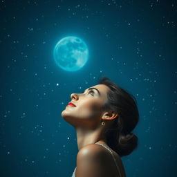 A gorgeous woman gazing upwards into a deep blue sky filled with sparkling stars and a glowing moon