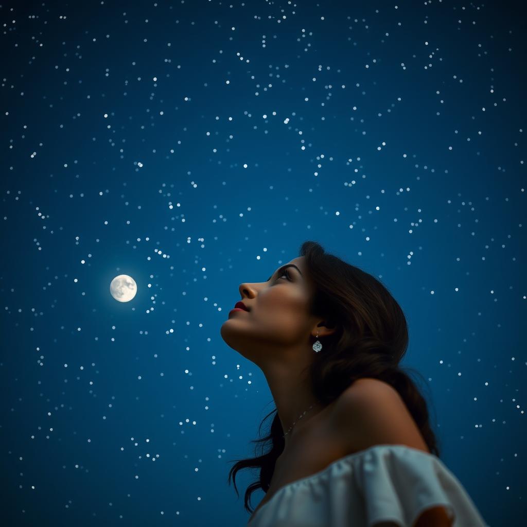 A gorgeous woman gazing upwards into a deep blue sky filled with sparkling stars and a glowing moon