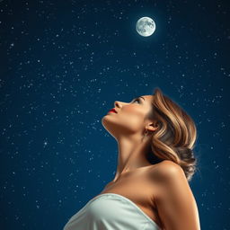 A gorgeous woman gazing upwards into a deep blue sky filled with sparkling stars and a glowing moon