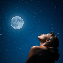 A gorgeous woman gazing upwards into a deep blue sky filled with sparkling stars and a glowing moon