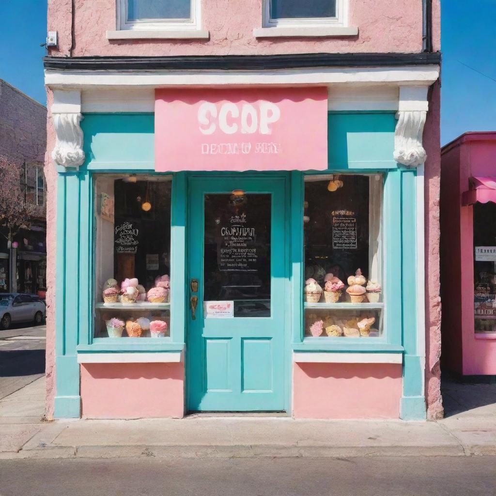 An adorable ice cream shop on a sunny day with bright colors and a vintage design, decked with various flavors of ice cream displayed enticingly in the window.