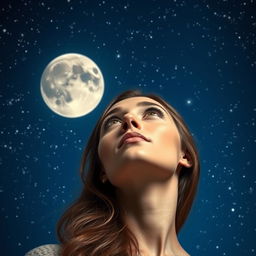 A beautiful woman looking up at a deep blue sky filled with sparkling stars and a shining moon