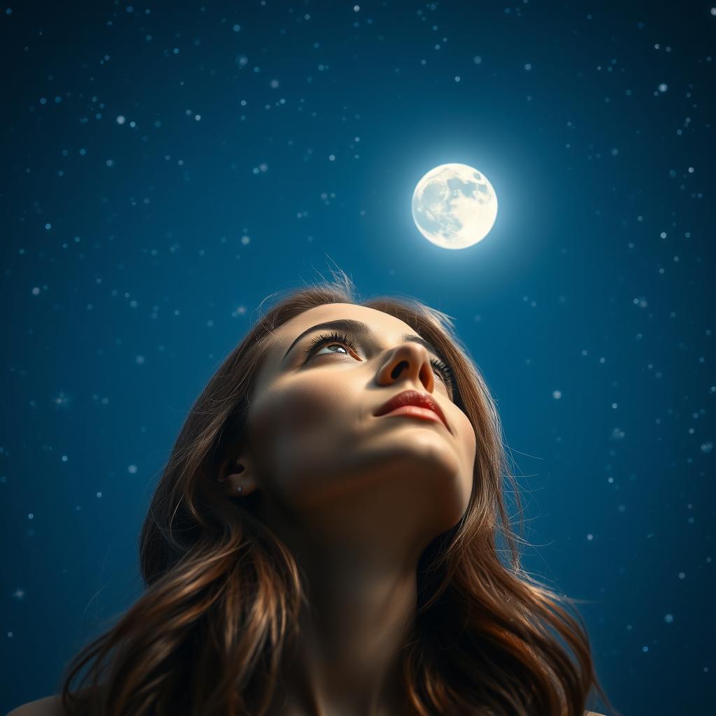 A beautiful woman looking up at a deep blue sky filled with sparkling stars and a shining moon