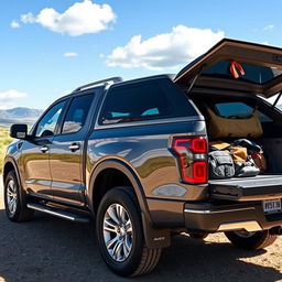 A side view of a modern three-row pickup truck showcasing a sleek design, emphasizing a comfortable and spacious interior visible through the tinted windows