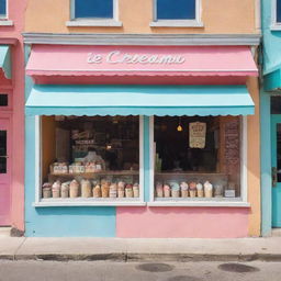 An adorable ice cream shop on a sunny day with bright colors and a vintage design, decked with various flavors of ice cream displayed enticingly in the window.