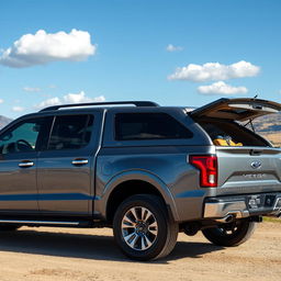 A side view of a modern three-row pickup truck showcasing a sleek design, emphasizing a comfortable and spacious interior visible through the tinted windows