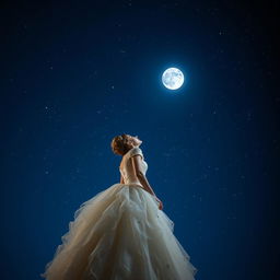 A beautiful woman dressed in a princess gown, gazing up at a deep blue sky filled with sparkling stars and a radiant moon