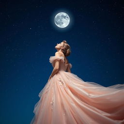 A beautiful woman dressed in a princess gown, gazing up at a deep blue sky filled with sparkling stars and a radiant moon