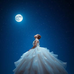 A beautiful woman dressed in a princess gown, gazing up at a deep blue sky filled with sparkling stars and a radiant moon