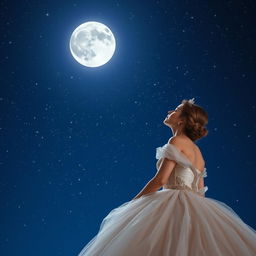 A beautiful woman dressed in a princess gown, gazing up at a deep blue sky filled with sparkling stars and a radiant moon