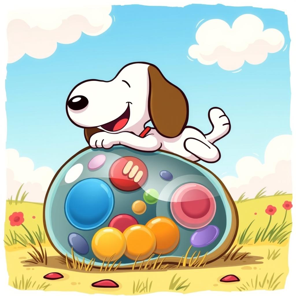 A whimsical scene featuring Snoopy, the iconic beagle from the Peanuts comic strip, joyfully interacting with a colorful, cartoonish animal cell