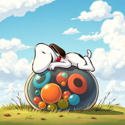 A whimsical scene featuring Snoopy, the iconic beagle from the Peanuts comic strip, joyfully interacting with a colorful, cartoonish animal cell