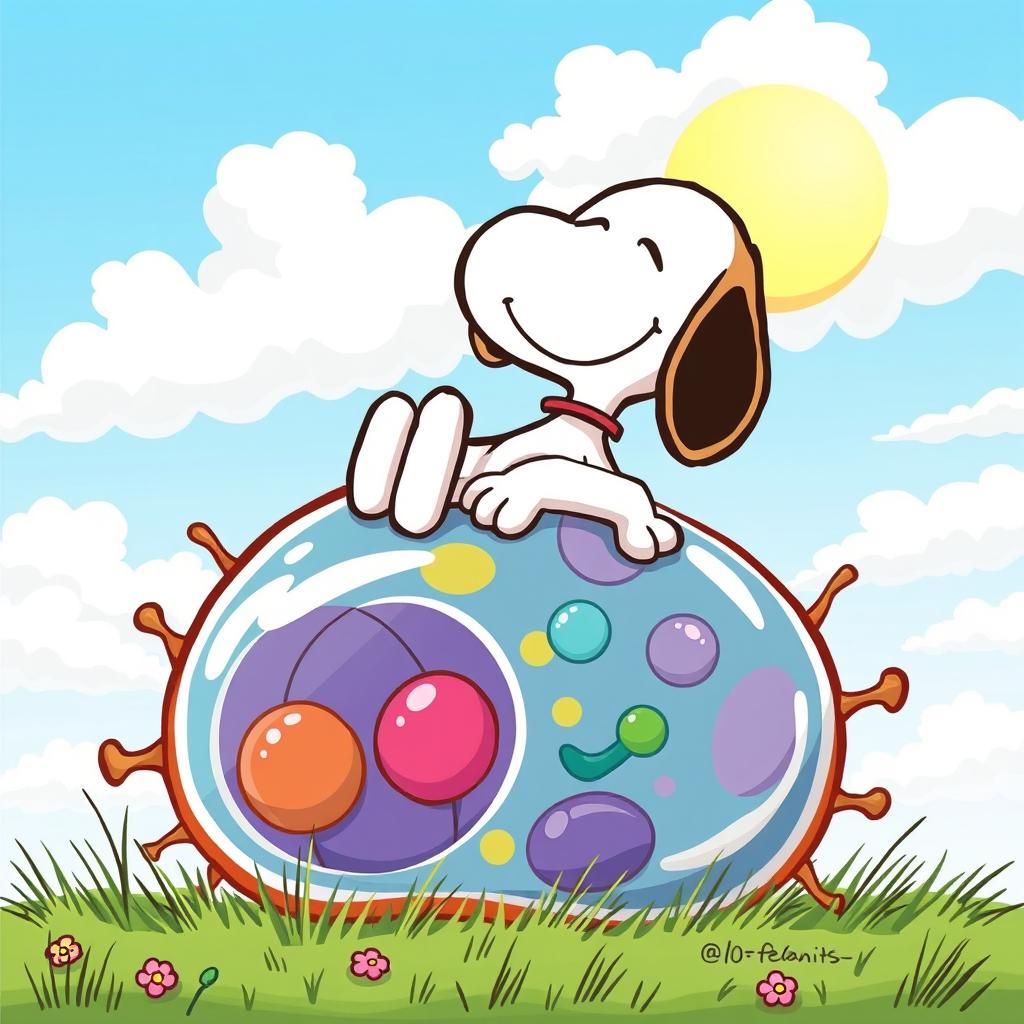 A whimsical scene featuring Snoopy, the iconic beagle from the Peanuts comic strip, joyfully interacting with a colorful, cartoonish animal cell