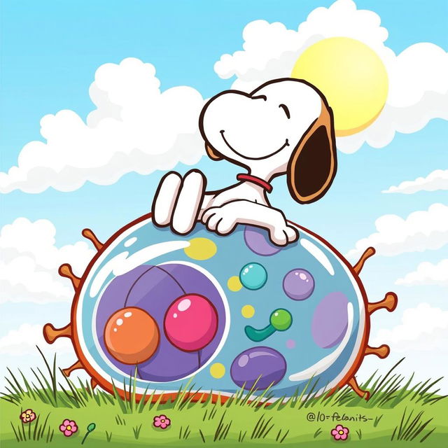 A whimsical scene featuring Snoopy, the iconic beagle from the Peanuts comic strip, joyfully interacting with a colorful, cartoonish animal cell