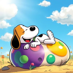 A whimsical scene featuring Snoopy, the iconic beagle from the Peanuts comic strip, joyfully interacting with a colorful, cartoonish animal cell