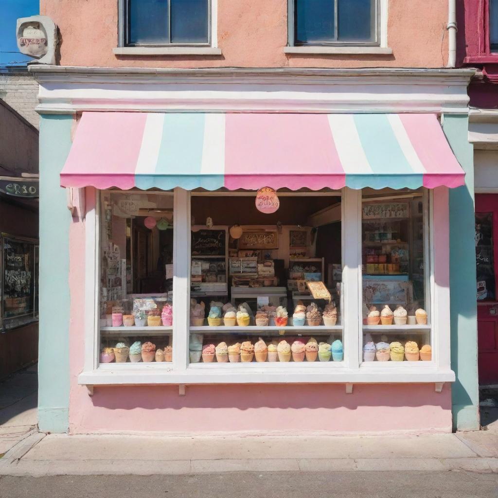 An adorable ice cream shop on a sunny day with bright colors and a vintage design, decked with various flavors of ice cream displayed enticingly in the window.