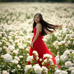 A beautiful scene of a field filled with white roses, creating a serene and enchanting atmosphere