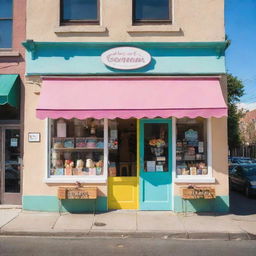 An adorable ice cream shop on a sunny day with bright colors and a vintage design, decked with various flavors of ice cream displayed enticingly in the window.