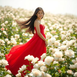 A beautiful scene of a field filled with white roses, creating a serene and enchanting atmosphere