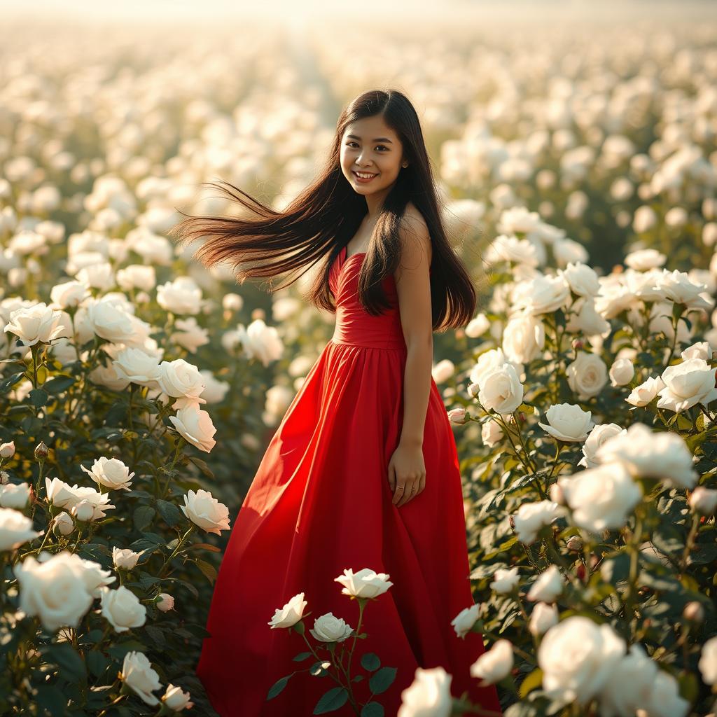 A beautiful scene of a field filled with white roses, creating a serene and enchanting atmosphere