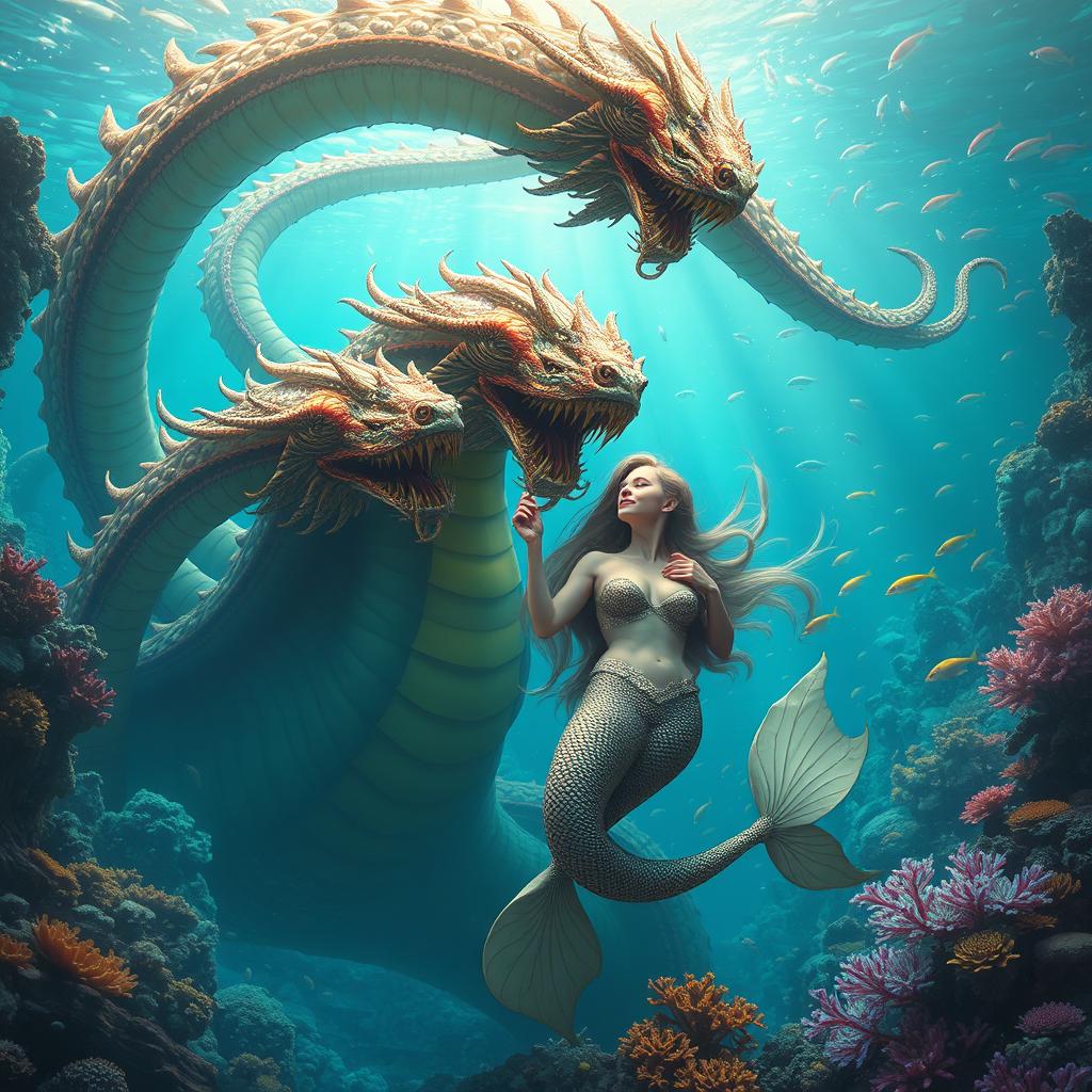 A giant hydra with multiple heads, each showcasing intricate details and vibrant colors, engaged in a fantastical scene with a voluptuous mermaid