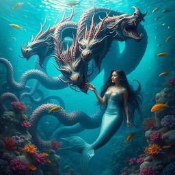 A giant hydra with multiple heads, each showcasing intricate details and vibrant colors, engaged in a fantastical scene with a voluptuous mermaid