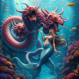 A giant hydra with multiple heads, each showcasing intricate details and vibrant colors, engaged in a fantastical scene with a voluptuous mermaid