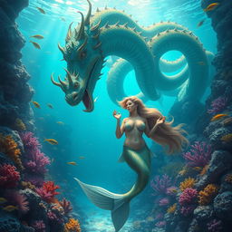 A giant hydra with multiple heads, each showcasing intricate details and vibrant colors, engaged in a fantastical scene with a voluptuous mermaid