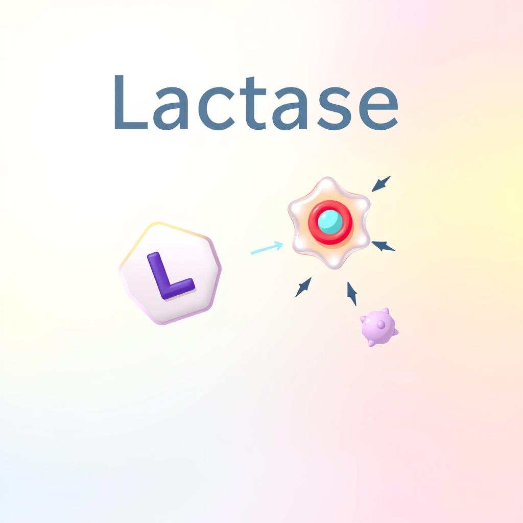 An educational illustration depicting the enzyme lactase in action, breaking down lactose molecules