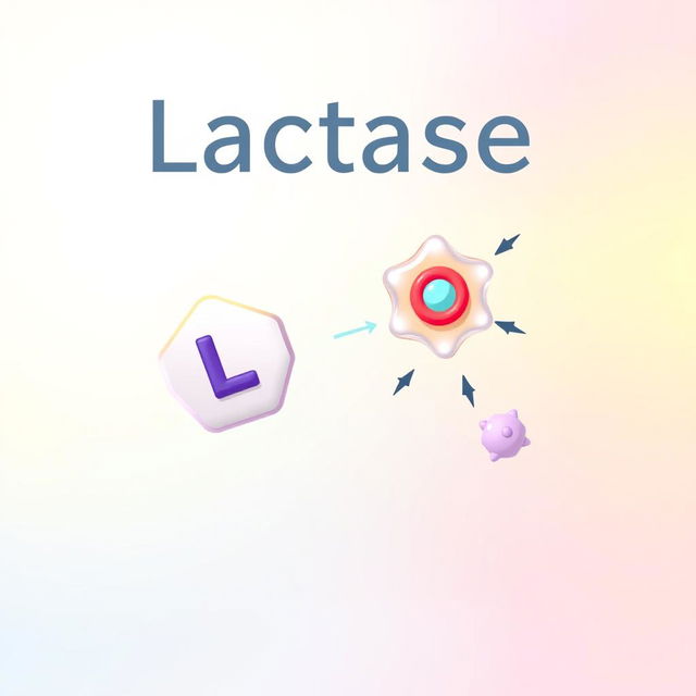 An educational illustration depicting the enzyme lactase in action, breaking down lactose molecules