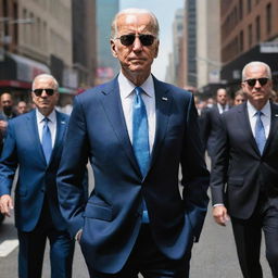 A caricature of Joe Biden in a stylized 'mafia' avatar, standing confidently in a suit and sunglasses on a slick city street, surrounded by his entourage also in matching outfits.