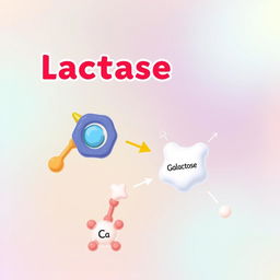 An educational illustration depicting the enzyme lactase in action, breaking down lactose molecules