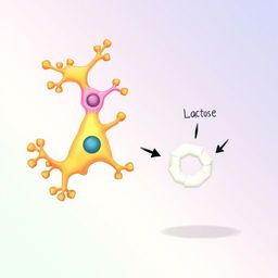 An educational illustration depicting the enzyme lactase in action, breaking down lactose molecules