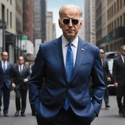 A caricature of Joe Biden in a stylized 'mafia' avatar, standing confidently in a suit and sunglasses on a slick city street, surrounded by his entourage also in matching outfits.